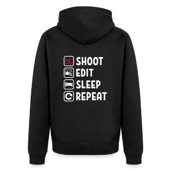 Shoot Edit Sleep Repeat - Unisex Premium Bio Zip Hoodie - Schwarz - Hinten - Nico (187cm)