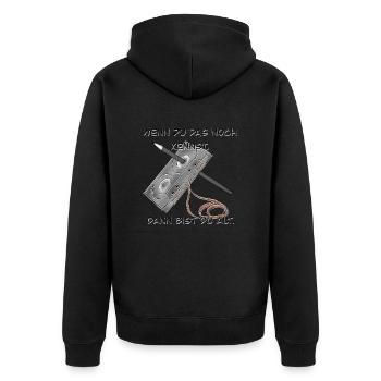 Kassette - Unisex Premium Bio Zip Hoodie - Schwarz - Hinten - Nico (187cm)