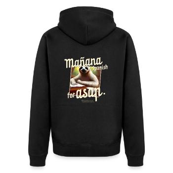 Mañana ist Spanisch für ASAP Spruch und Faultier - Unisex Premium Bio Zip Hoodie - Schwarz - Hinten - Nico (187cm)