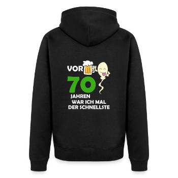 Vor 70 Jahren war ich mal der Schnellste - Unisex Premium Bio Zip Hoodie - Schwarz - Hinten - Nico (187cm)