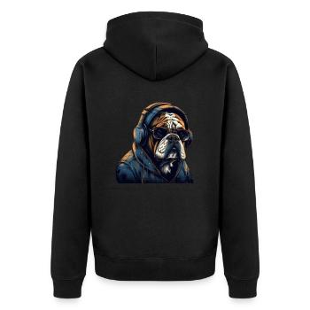 Chien bulldog cool avec écouteurs et vêtements - Veste à capuche bio Premium Unisexe - noir - Dos - Nico (187cm)