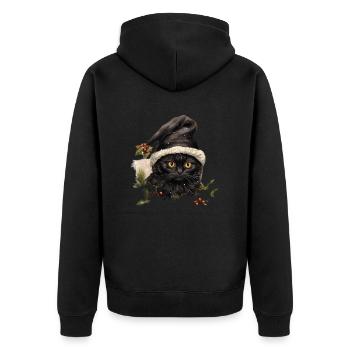 Schwarze Katze mit Weihnachtsmütze, T-Shirt, Tasse - Unisex Premium Bio Zip Hoodie - Schwarz - Hinten - Nico (187cm)