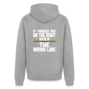 Wenn ich dich auf der rechten Seite überholt habe, bist du im Unrecht - Unisex Premium Bio Zip Hoodie - Grau meliert - Hinten - Nico (187cm)