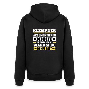 Klempner argumentieren nicht - Unisex Premium Bio Zip Hoodie - Schwarz - Hinten - Nico (187cm)