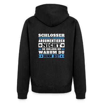 Schlosser argumentieren nicht - Unisex Premium Bio Zip Hoodie - Schwarz - Hinten - Nico (187cm)