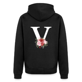 Roter floraler V-Buchstabe - Unisex Premium Bio Zip Hoodie - Schwarz - Hinten - Nico (187cm)