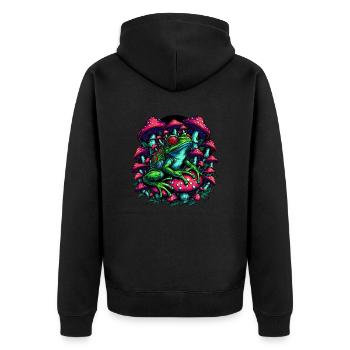 Psychedelischer Frosch mit Pilzen - Unisex Premium Bio Zip Hoodie - Schwarz - Hinten - Nico (187cm)
