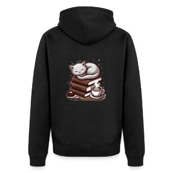 CATS, BOOKS & COFFEE - Unisex Premium Organic Zip Hoodie - black - Back - Nico (187cm)