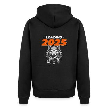 Loading 2025, Neujahrsaufregung, Gaming-Vorfreude - Unisex Premium Bio Zip Hoodie - Schwarz - Hinten - Nico (187cm)