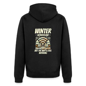 Winterwunderland, aber WLAN funktioniert, Winter - Unisex Premium Bio Zip Hoodie - Schwarz - Hinten - Nico (187cm)