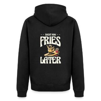Maintenant, sueur, frites plus tard, humour fitness - Veste à capuche bio Premium Unisexe - noir - Dos - Nico (187cm)