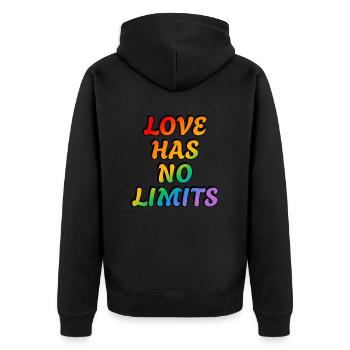 Die Liebe kennt keine Grenzen - Unisex Premium Bio Zip Hoodie - Schwarz - Hinten - Nico (187cm)