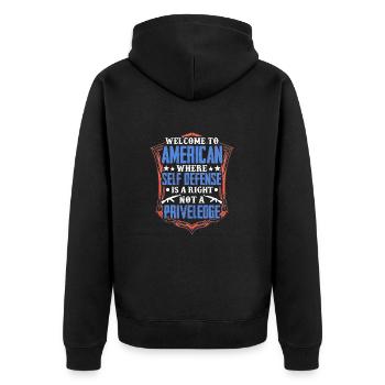 Welcome to America where self defense is a right - Unisex Premium Bio Zip Hoodie - Schwarz - Hinten - Nico (187cm)