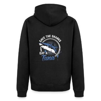 Save the sharks, eat a tuna - Unisex Premium Bio Zip Hoodie - Schwarz - Hinten - Nico (187cm)