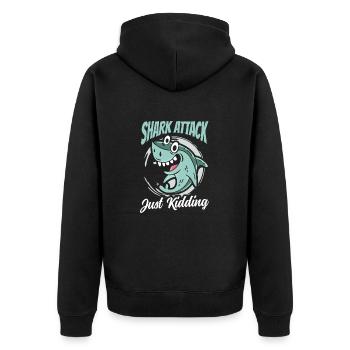 Shark Attack Just Kidding - Unisex Premium Bio Zip Hoodie - Schwarz - Hinten - Nico (187cm)