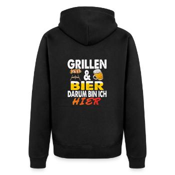Grillen und Bier Darum bin ich hier Grillsaison - Unisex Premium Bio Zip Hoodie - Schwarz - Hinten - Nico (187cm)