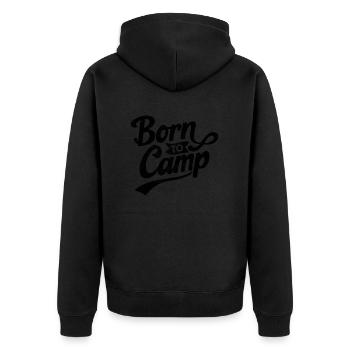 Camper Spruch Vintage Born to Camp - Unisex Premium Bio Zip Hoodie - Schwarz - Hinten - Nico (187cm)