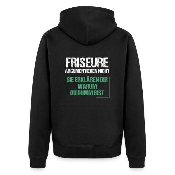 Friseure argumentieren nicht - Unisex Premium Bio Zip Hoodie - Schwarz - Hinten - Nico (187cm)
