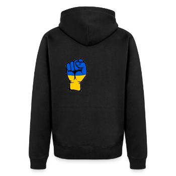 Ukraine Flagge Faust Hand Symbol - Unisex Premium Bio Zip Hoodie - Schwarz - Hinten - Nico (187cm)
