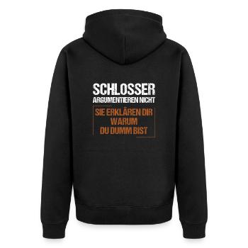 Schlosser argumentieren nicht - Unisex Premium Bio Zip Hoodie - Schwarz - Hinten - Nico (187cm)