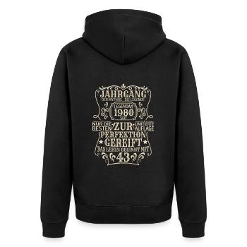 Geburtstagsgeschenk Geboren 1980 43 Jahre - Unisex Premium Bio Zip Hoodie - Schwarz - Hinten - Nico (187cm)