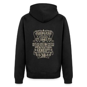 Geburtstagsgeschenk Geboren 1985 38 Jahre - Unisex Premium Bio Zip Hoodie - Schwarz - Hinten - Nico (187cm)