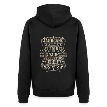 Geburtstagsgeschenk Geboren 2016 7 Jahre - Unisex Premium Bio Zip Hoodie - Schwarz - Hinten - Nico (187cm)