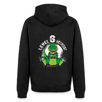 Level 6 Jahre alt, 6. Geburtstag Gamer Dino T-Rex - Unisex Premium Bio Zip Hoodie - Schwarz - Hinten - Nico (187cm)