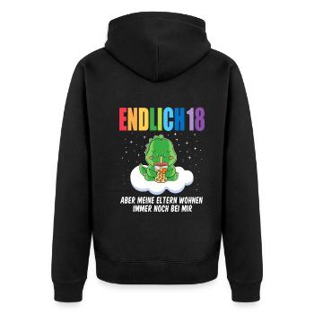 Endlich 18 Dino auf Wolke - Unisex Premium Bio Zip Hoodie - Schwarz - Hinten - Nico (187cm)