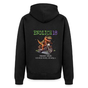 Endlich 18 Dino auf Motorrad - Unisex Premium Bio Zip Hoodie - Schwarz - Hinten - Nico (187cm)
