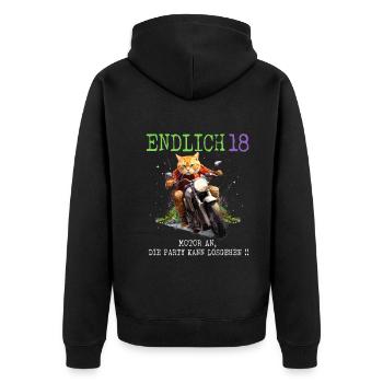 Endlich 18 Katze auf Motorrad - Unisex Premium Bio Zip Hoodie - Schwarz - Hinten - Nico (187cm)