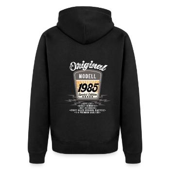 Modell 1985 - Unisex Premium Bio Zip Hoodie - Schwarz - Hinten - Nico (187cm)