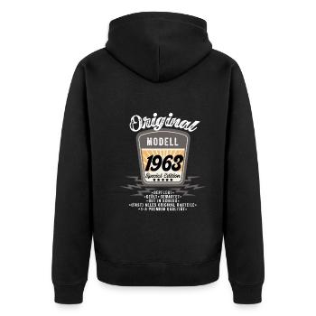 Modell 1963 - Unisex Premium Bio Zip Hoodie - Schwarz - Hinten - Nico (187cm)