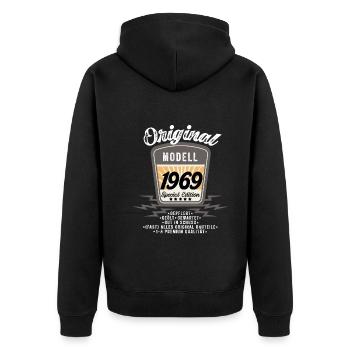 Modell 1969 - Unisex Premium Bio Zip Hoodie - Schwarz - Hinten - Nico (187cm)