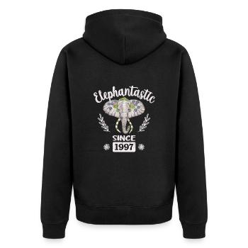 Elephantastic since 1997, Elephant Head Decorated - Unisex Premium Organic Zip Hoodie - black - Back - Nico (187cm)