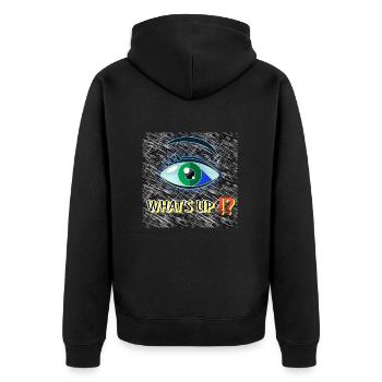What's up !? - Club WoW - 2023 - Unisex Premium Bio Zip Hoodie - Schwarz - Hinten - Nico (187cm)