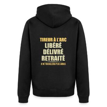 Archery Celebrates Retirement with Humor - Unisex Premium Organic Zip Hoodie - black - Back - Nico (187cm)