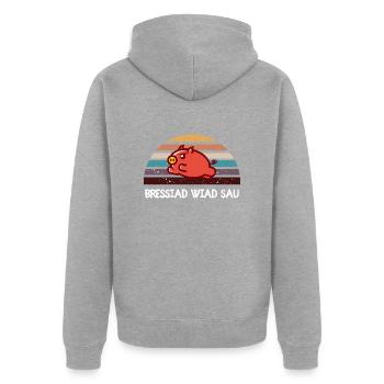 Bressiad wiad sau - bayerischer Spruch - Unisex Premium Bio Zip Hoodie - Grau meliert - Hinten - Nico (187cm)
