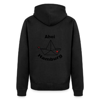 Papier Faltboot Ahoi Hamburg mit Herz - Unisex Premium Bio Zip Hoodie - Schwarz - Hinten - Nico (187cm)