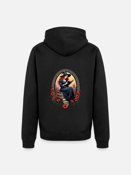 Book Witch with Poppies - Unisex Premium Organic Zip Hoodie - black
