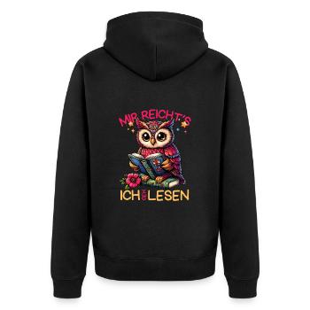 Buch Bücher Eule Uhu Eulen Literatur Lesen lustig - Unisex Premium Bio Zip Hoodie - Schwarz - Hinten - Nico (187cm)