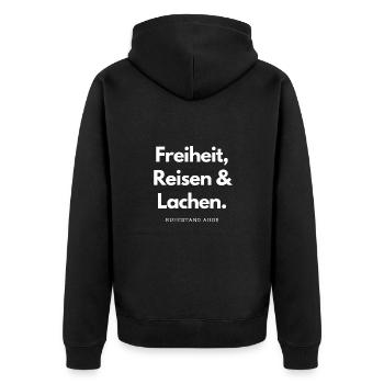 Ruhestand Ahoi! Freiheit, Reisen & Lachen. - Unisex Premium Bio Zip Hoodie - Schwarz - Hinten - Nico (187cm)