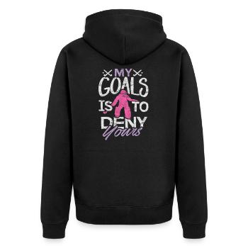 Feldhockey-Hemd Meine Ziele sind, Ihr zu verweigern - Unisex Premium Bio Zip Hoodie - Schwarz - Hinten - Nico (187cm)