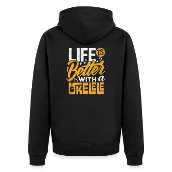 Ukulele-Spieler Shirt Das Leben ist mit Ukulele besser - Unisex Premium Bio Zip Hoodie - Schwarz - Hinten - Nico (187cm)