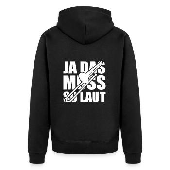 Ja das muss so laut - Posaune - Spruch - Unisex Premium Bio Zip Hoodie - Schwarz - Hinten - Nico (187cm)