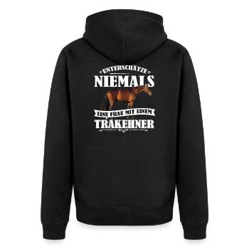 Trakehner Pferde Shirt-UNF - Unisex Premium Bio Zip Hoodie - Schwarz - Hinten - Nico (187cm)