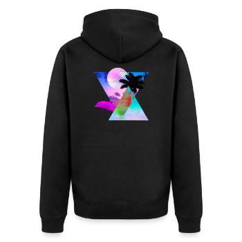 Vaporwave Dolphin 80s hypnotische Sonnenuntergangszene - Unisex Premium Bio Zip Hoodie - Schwarz - Hinten - Nico (187cm)