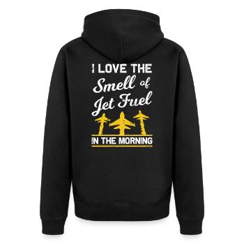 I Love The Smell Of Jet Fuel In The Morning, Pilot - Unisex Premium Bio Zip Hoodie - Schwarz - Hinten - Nico (187cm)