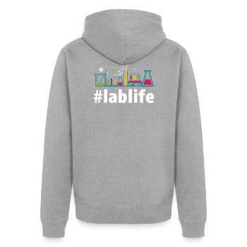 Lablife design Gift la vie en laboratoire Hashtag PhD Science - Veste à capuche bio Premium Unisexe - gris chiné - Dos - Nico (187cm)