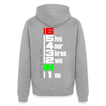 Motorrad Gangschaltung Motorradfahrer 1N23456 - Unisex Premium Bio Zip Hoodie - Grau meliert - Hinten - Nico (187cm)